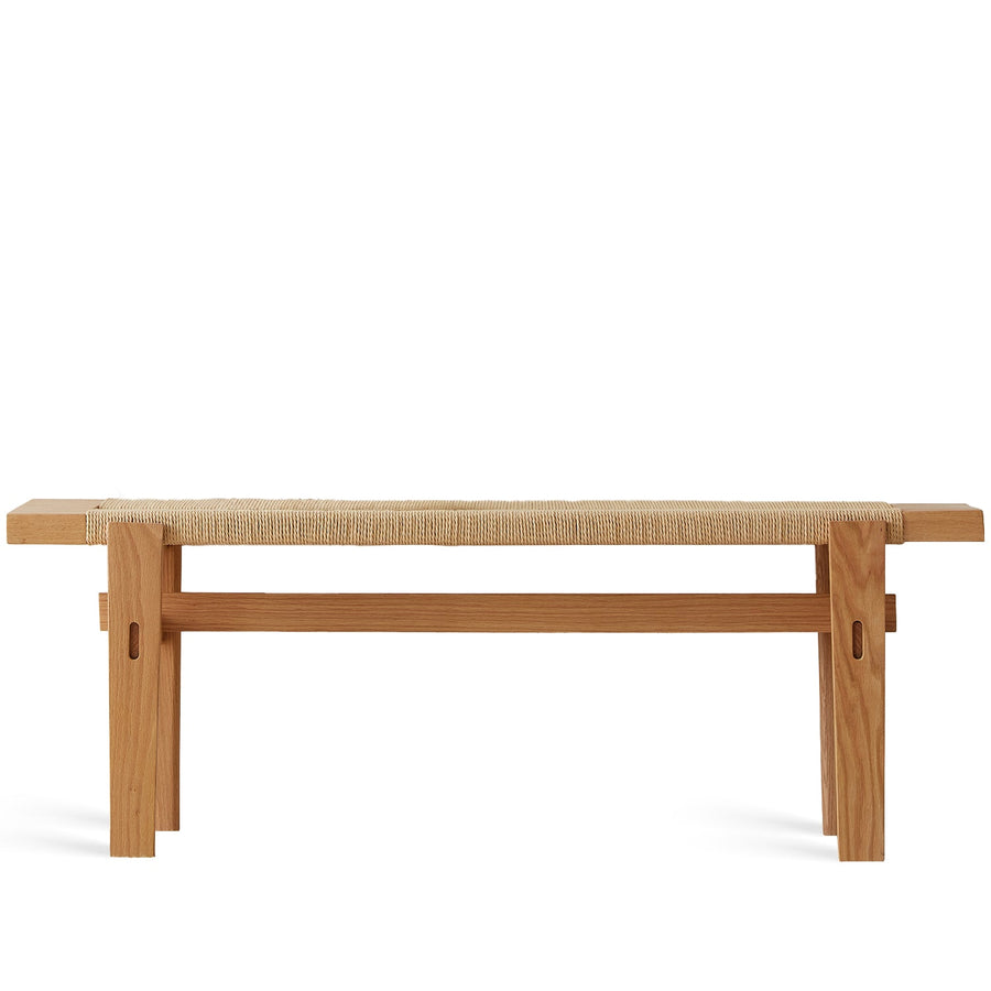 Scandinavian oak wood woven rope dining bench ora in white background.