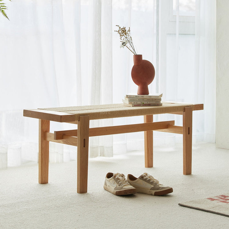 Scandinavian oak wood woven rope dining bench ora in real life style.