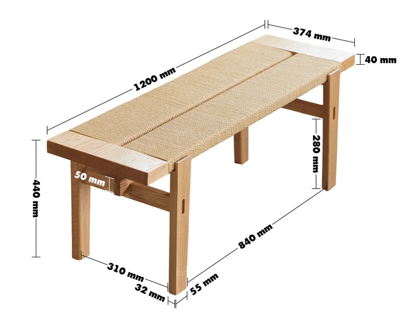 Scandinavian Oak Wood Woven Rope Dining Bench ORA Size Chart