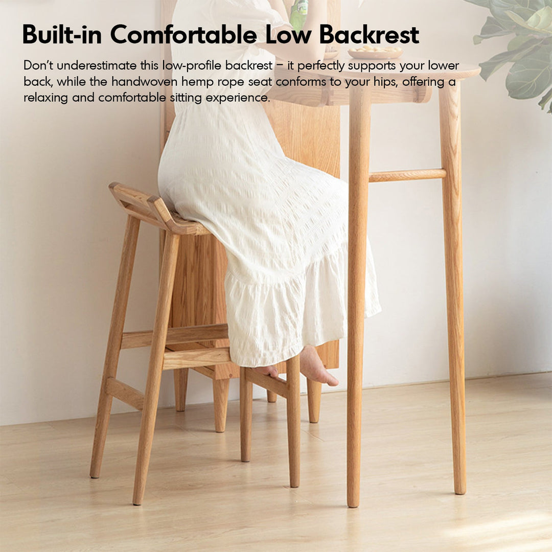 Scandinavian oak wood woven rope bar chair ora in details.