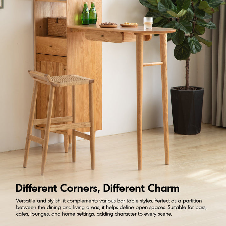 Scandinavian oak wood woven rope bar chair ora in close up details.