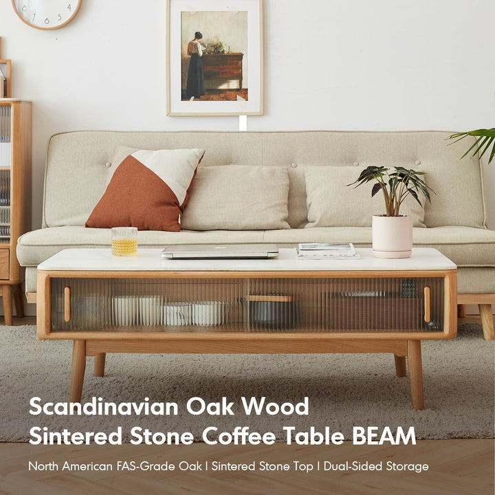 Scandinavian oak wood sintered stone coffee table beam with context.