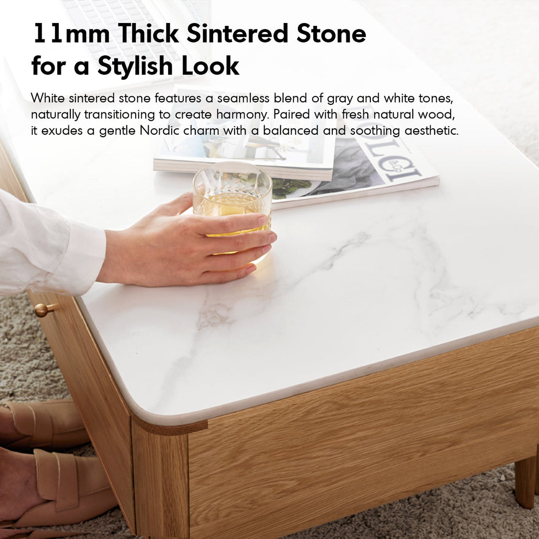 Scandinavian oak wood sintered stone coffee table beam in details.