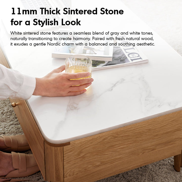 Scandinavian oak wood sintered stone coffee table beam in details.