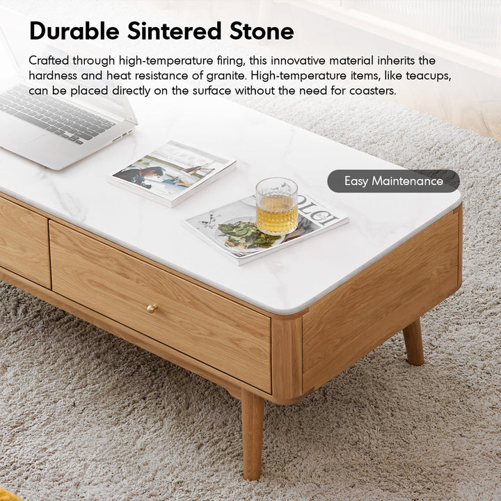 Scandinavian oak wood sintered stone coffee table beam in close up details.