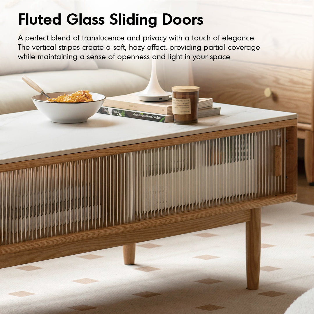 Scandinavian oak wood sintered stone coffee table vista environmental situation.