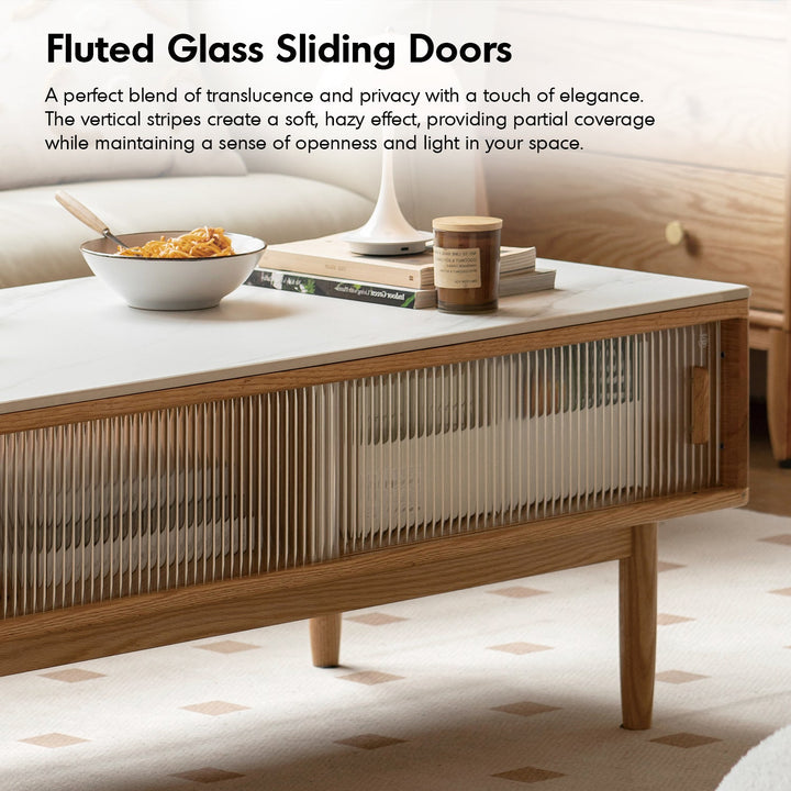 Scandinavian oak wood sintered stone coffee table vista environmental situation.