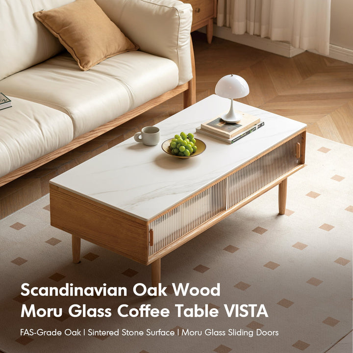 Scandinavian oak wood sintered stone coffee table vista in details.