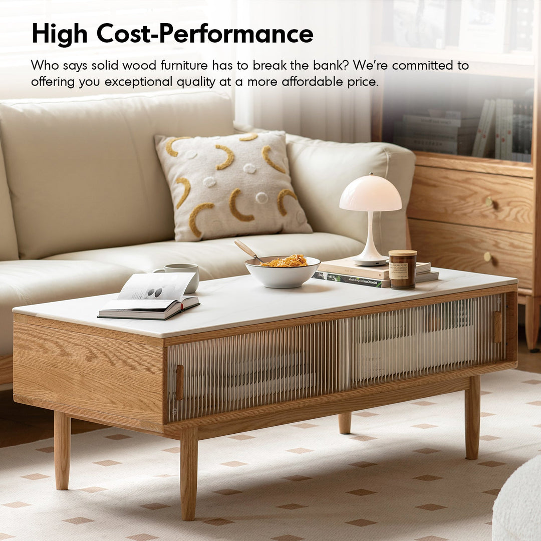 Scandinavian oak wood sintered stone coffee table vista in close up details.
