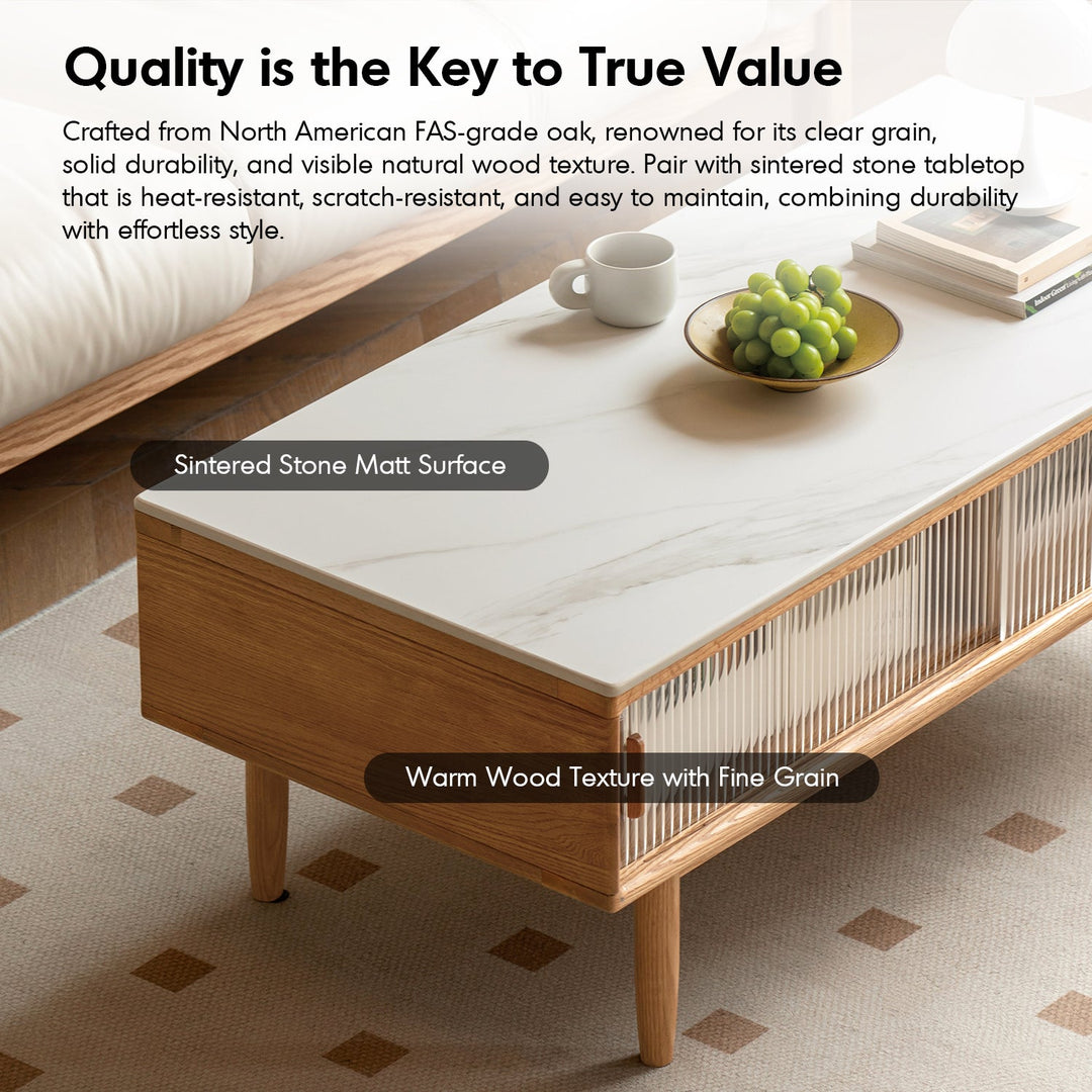 Scandinavian oak wood sintered stone coffee table vista in panoramic view.