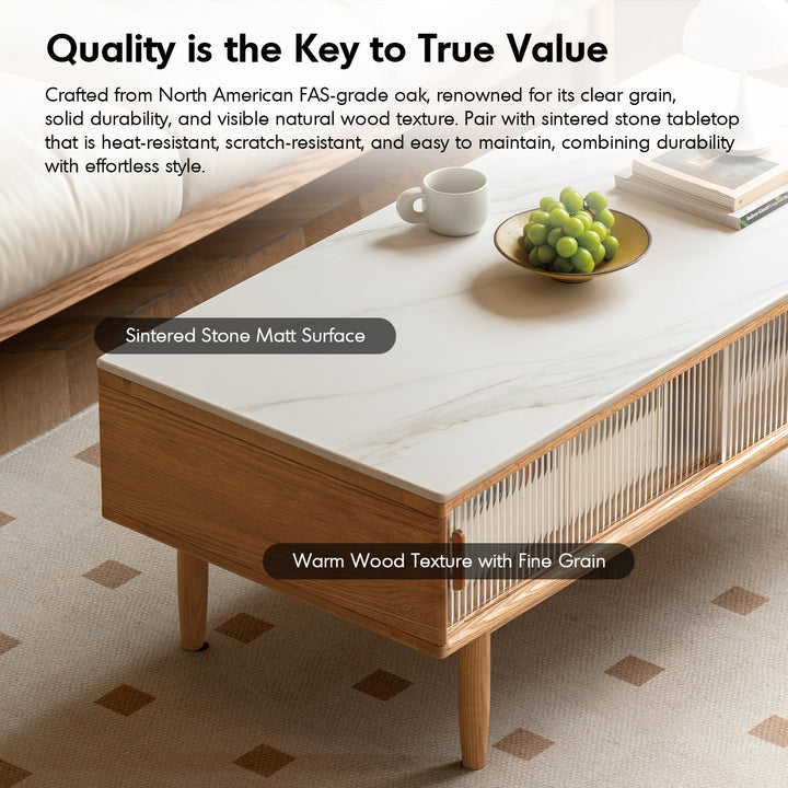 Scandinavian oak wood sintered stone coffee table vista in panoramic view.