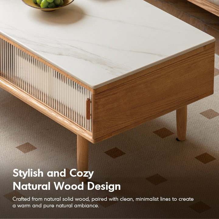 Scandinavian oak wood sintered stone coffee table vista in still life.