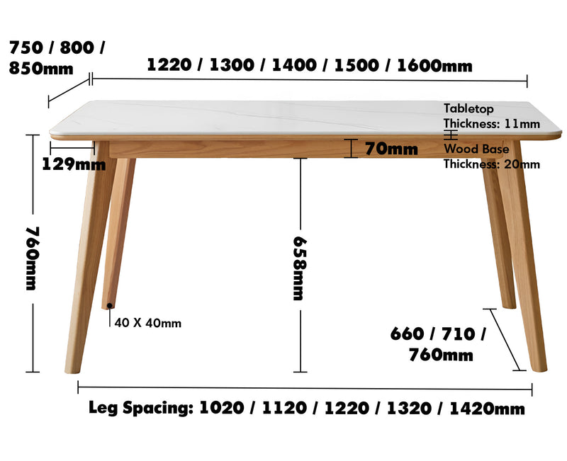Scandinavian Oak Wood Sintered Stone Dining Table AURA Size Chart