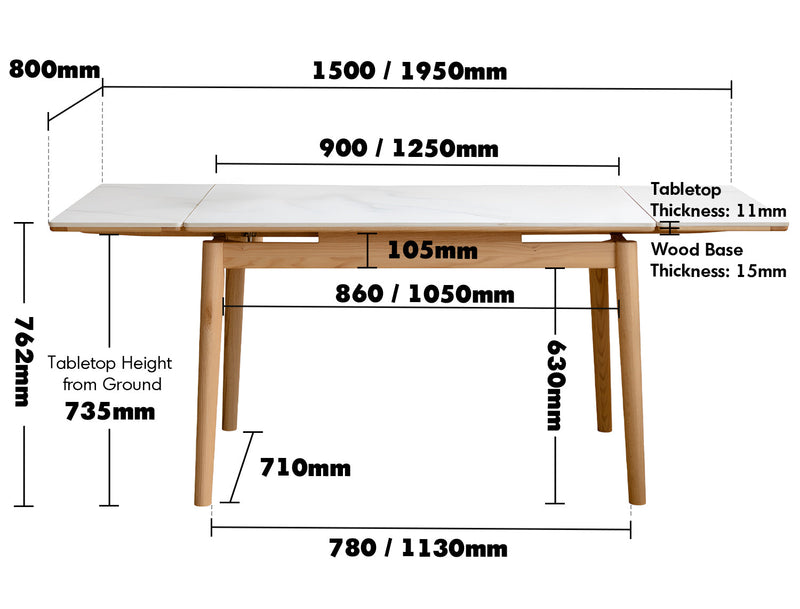 Scandinavian Oak Wood Sintered Stone Extendable Dining Table FLEX Size Chart