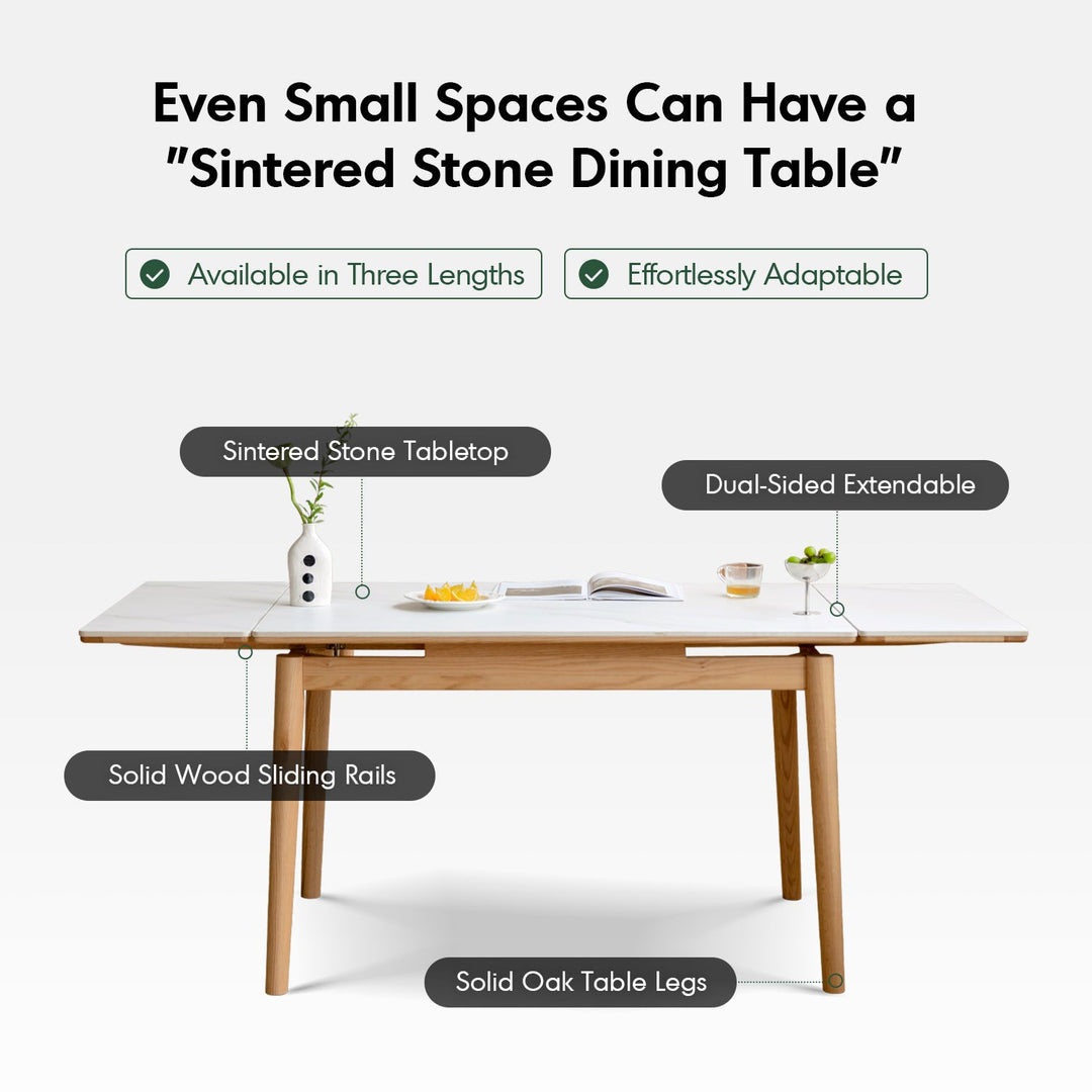 Scandinavian oak wood sintered stone extendable dining table flex with context.