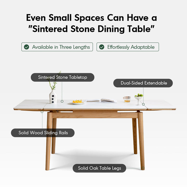 Scandinavian oak wood sintered stone extendable dining table flex with context.