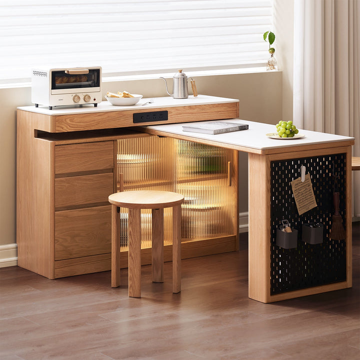 Scandinavian Oak Wood Sintered Stone Extendable Island Dining Table With Cabinet MODUCAB