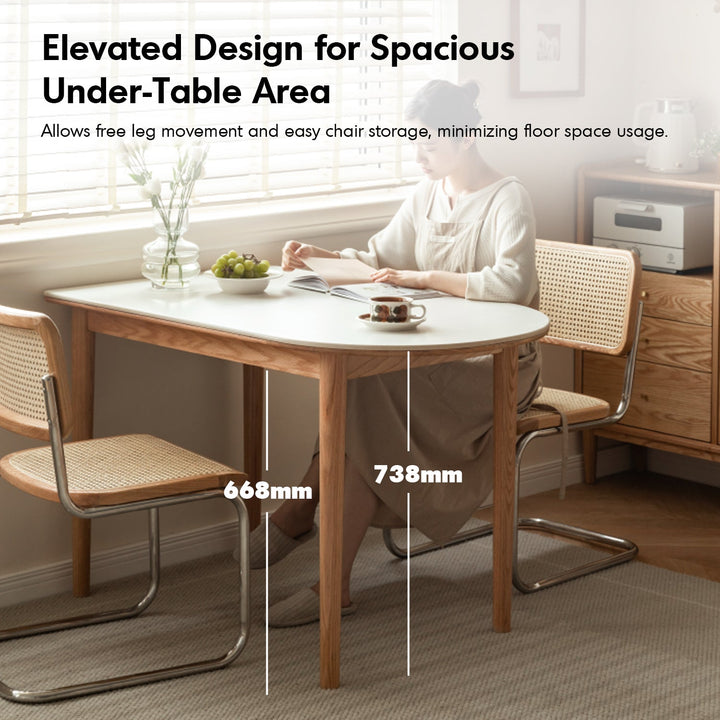 Scandinavian oak wood sintered stone half oval dining table halo detail 1.