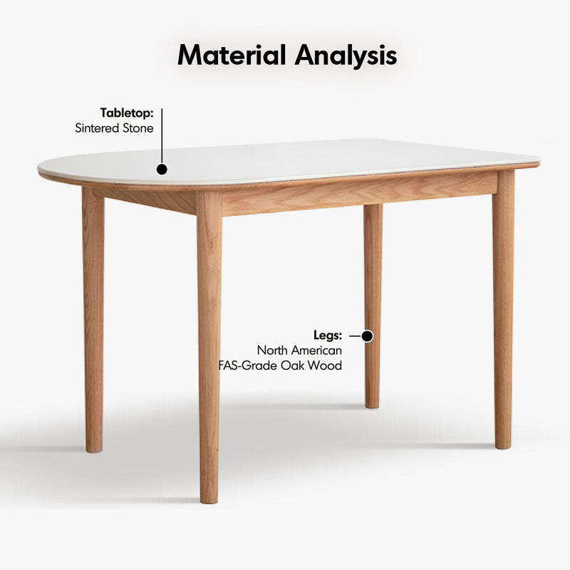 Scandinavian Oak Wood Sintered Stone Half Oval Dining Table HALO Material Details Chart