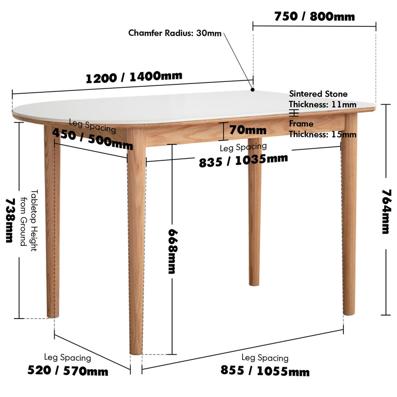 Scandinavian Oak Wood Sintered Stone Half Oval Dining Table HALO Size Chart