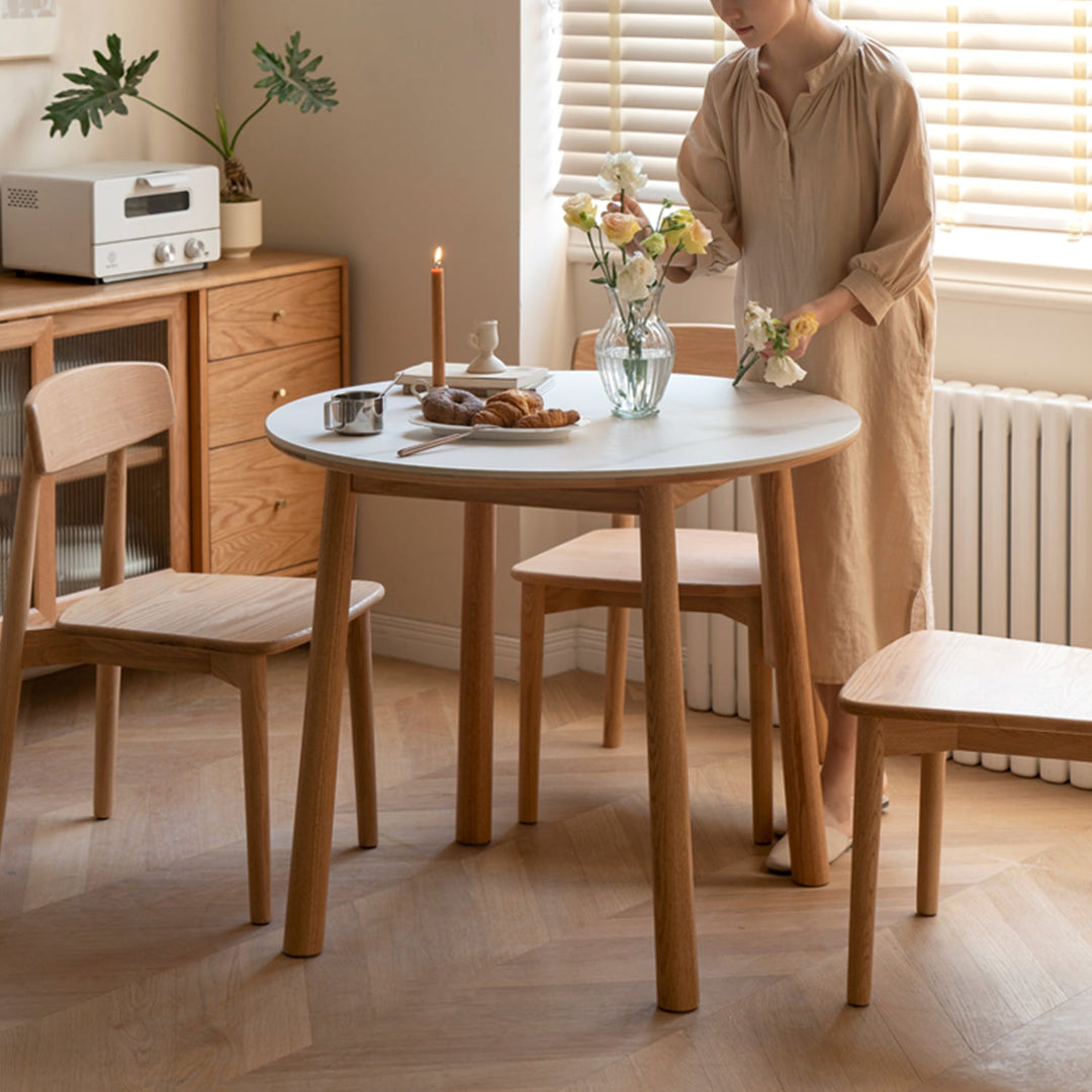 Scandinavian oak wood sintered stone round dining table orb detail 7.