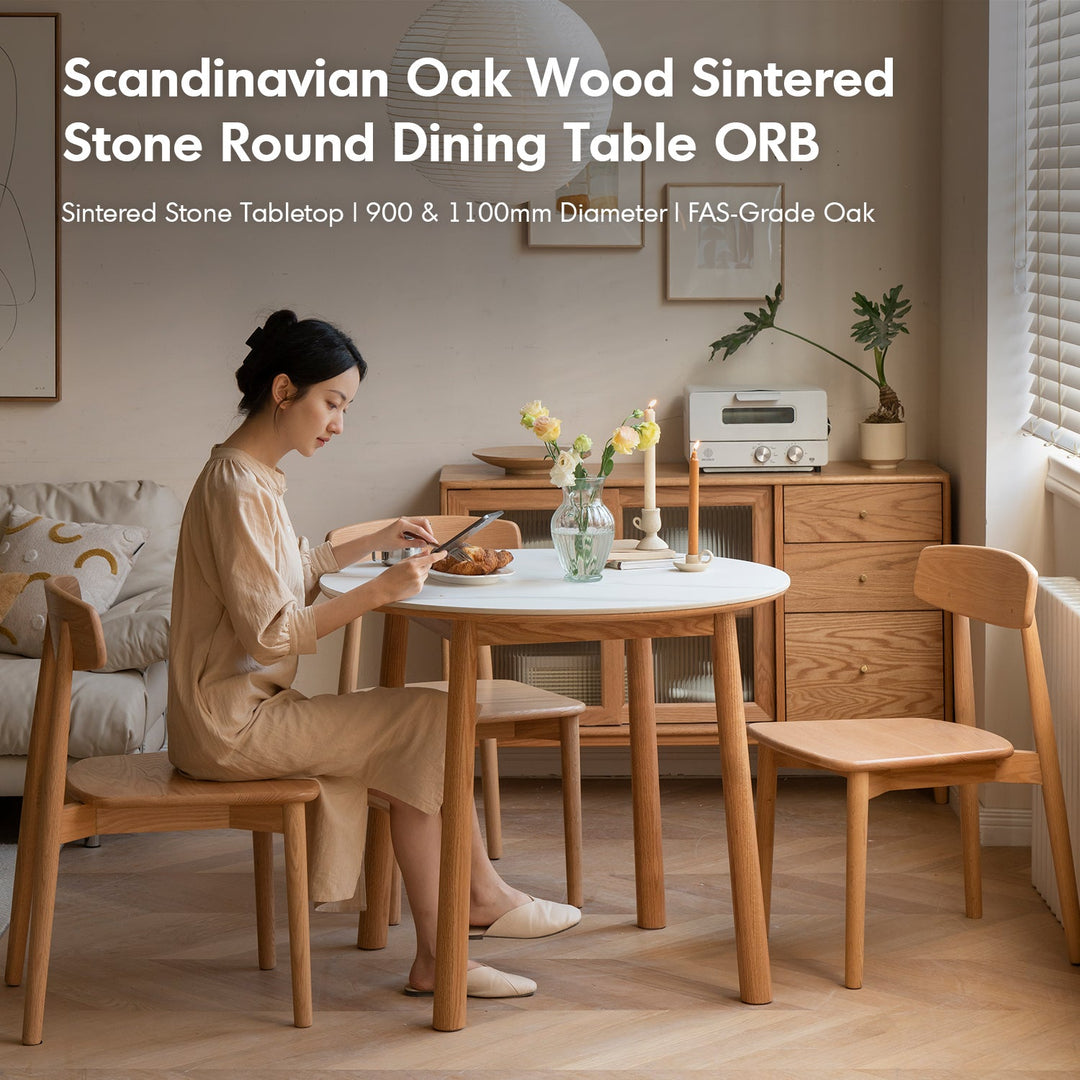 Scandinavian Oak Wood Sintered Stone Round Dining Table ORB