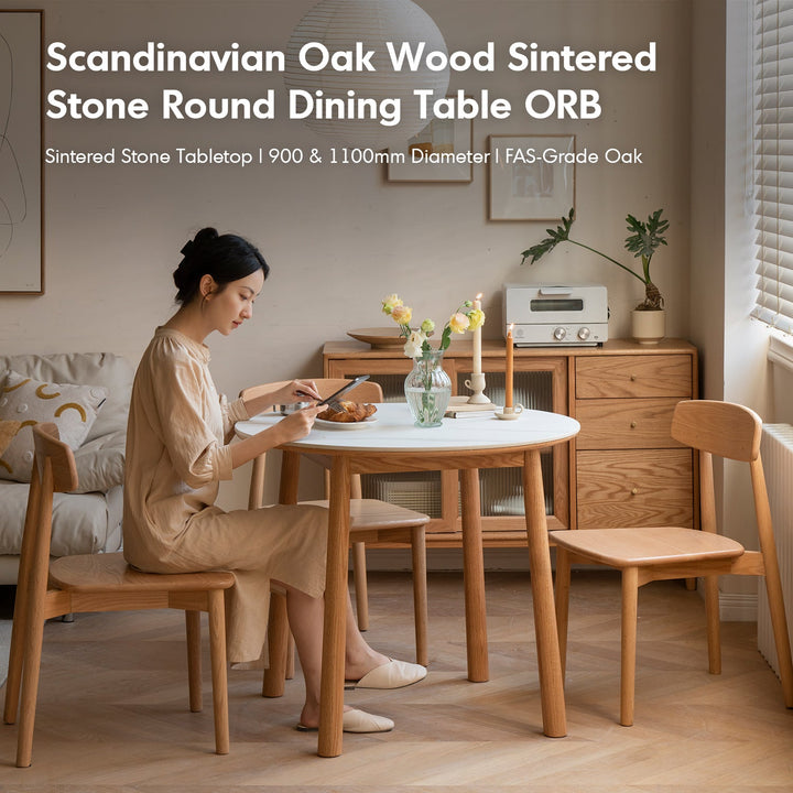 Scandinavian Oak Wood Sintered Stone Round Dining Table ORB