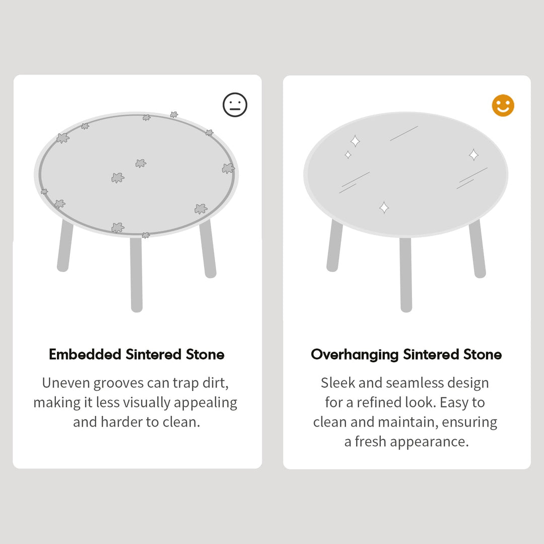 Scandinavian oak wood sintered stone round dining table orb in close up details.