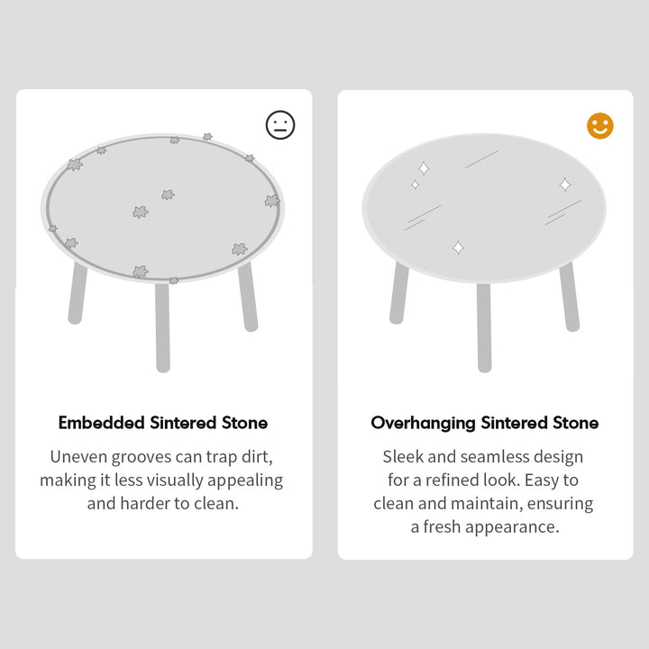 Scandinavian oak wood sintered stone round dining table orb in close up details.