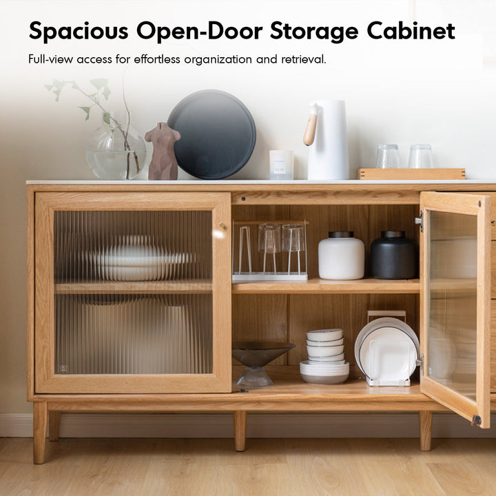 Scandinavian oak wood sintered stone storage side cabinet beam situational feels.