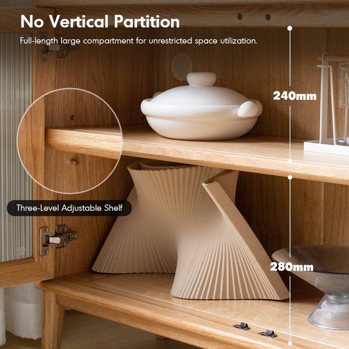 Scandinavian oak wood sintered stone storage side cabinet beam layered structure.