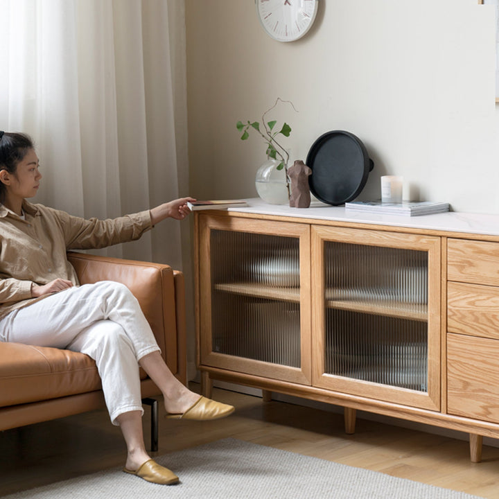 Scandinavian oak wood sintered stone storage side cabinet beam detail 12.