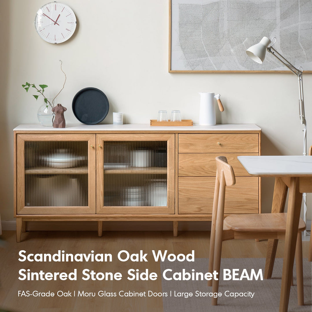 Scandinavian Oak Wood Sintered Stone Storage Side Cabinet BEAM