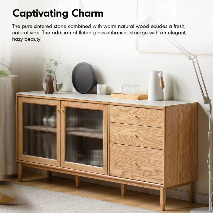 Scandinavian oak wood sintered stone storage side cabinet beam in panoramic view.