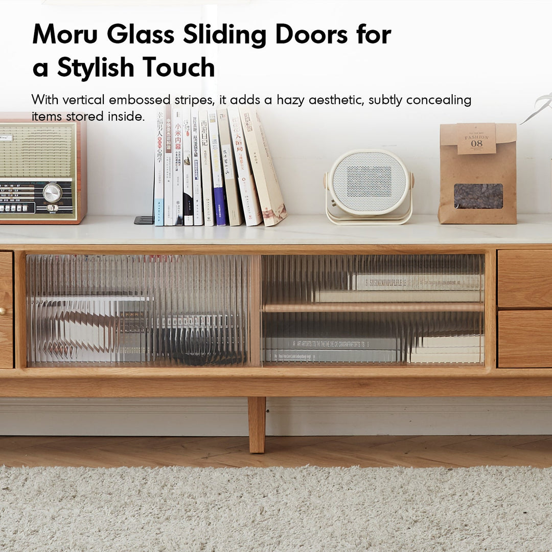 Scandinavian oak wood sintered stone tv console beam environmental situation.
