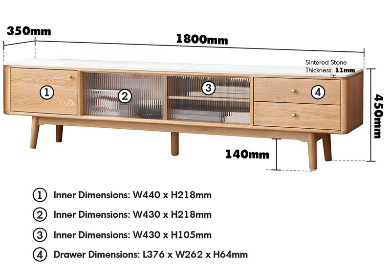Scandinavian Oak Wood Sintered Stone TV Console BEAM Size Chart
