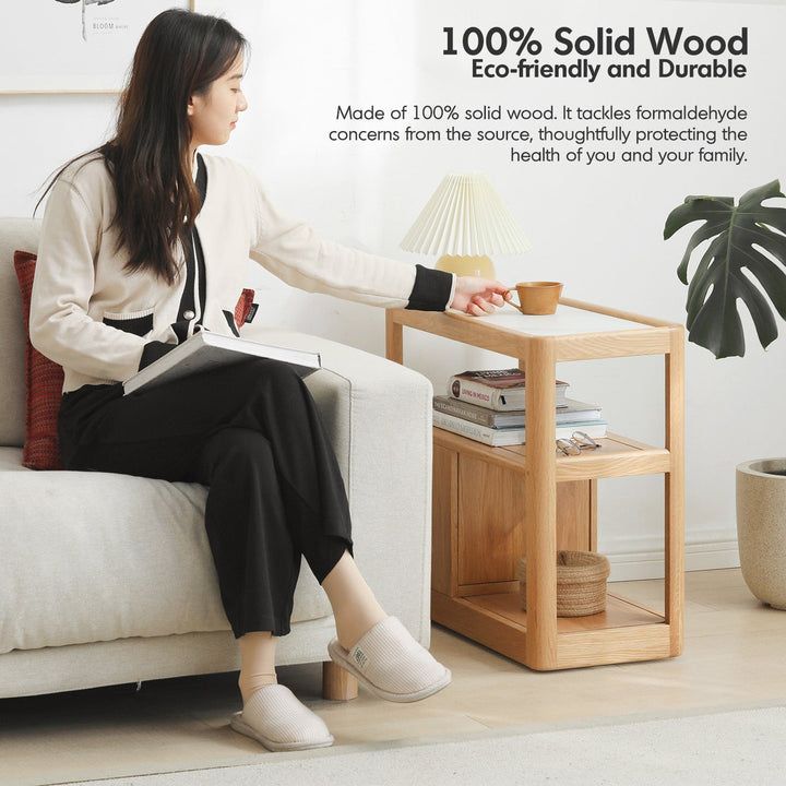 Scandinavian Oak Wood Sintered Stone Wheeled Trolley Side Table LIVA