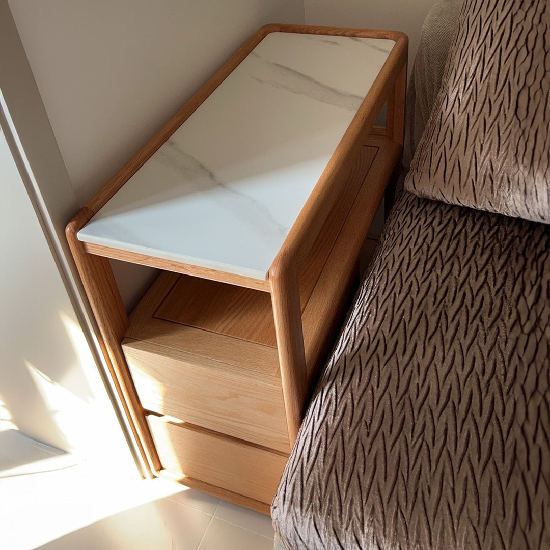 Scandinavian Oak Wood Sintered Stone Wheeled Trolley Side Table LIVA