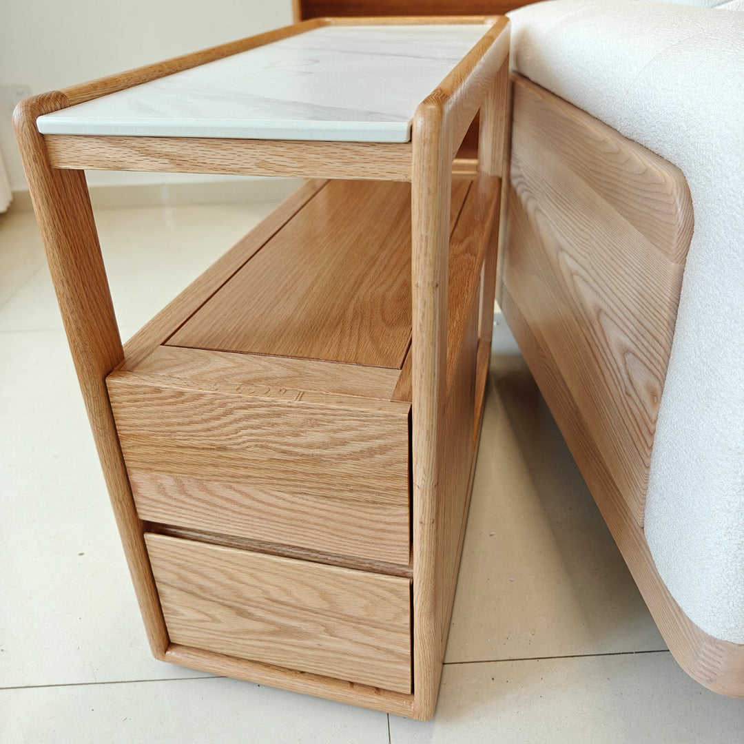 Scandinavian Oak Wood Sintered Stone Wheeled Trolley Side Table LIVA