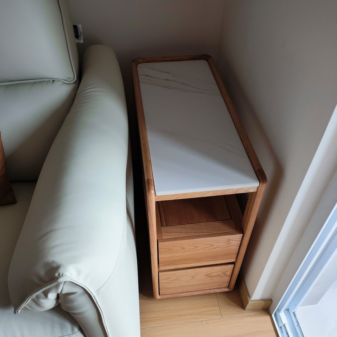 Scandinavian Oak Wood Sintered Stone Wheeled Trolley Side Table LIVA