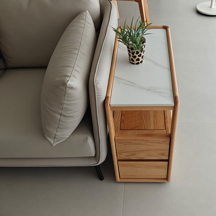 Scandinavian Oak Wood Sintered Stone Wheeled Trolley Side Table LIVA
