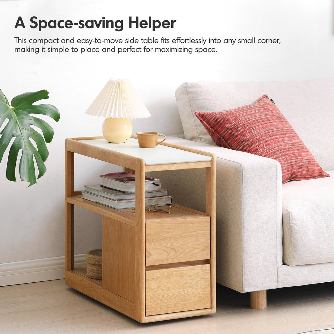 Scandinavian Oak Wood Sintered Stone Wheeled Trolley Side Table LIVA