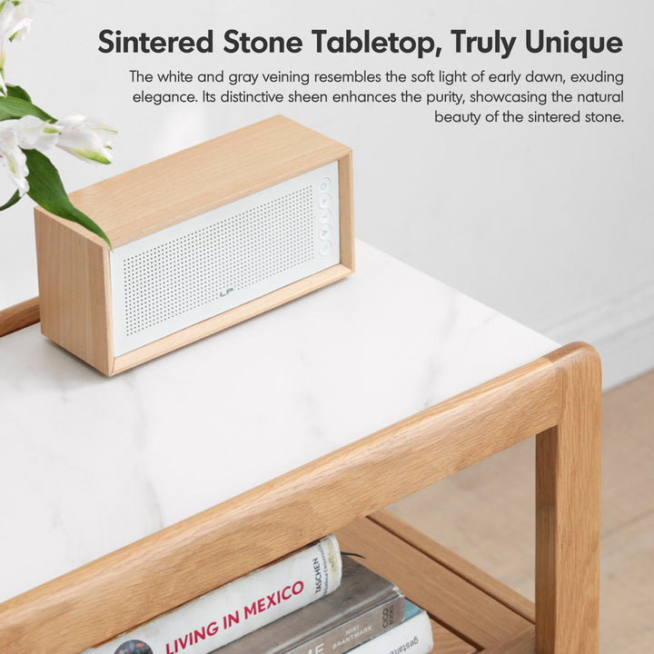 Scandinavian Oak Wood Sintered Stone Wheeled Trolley Side Table LIVA