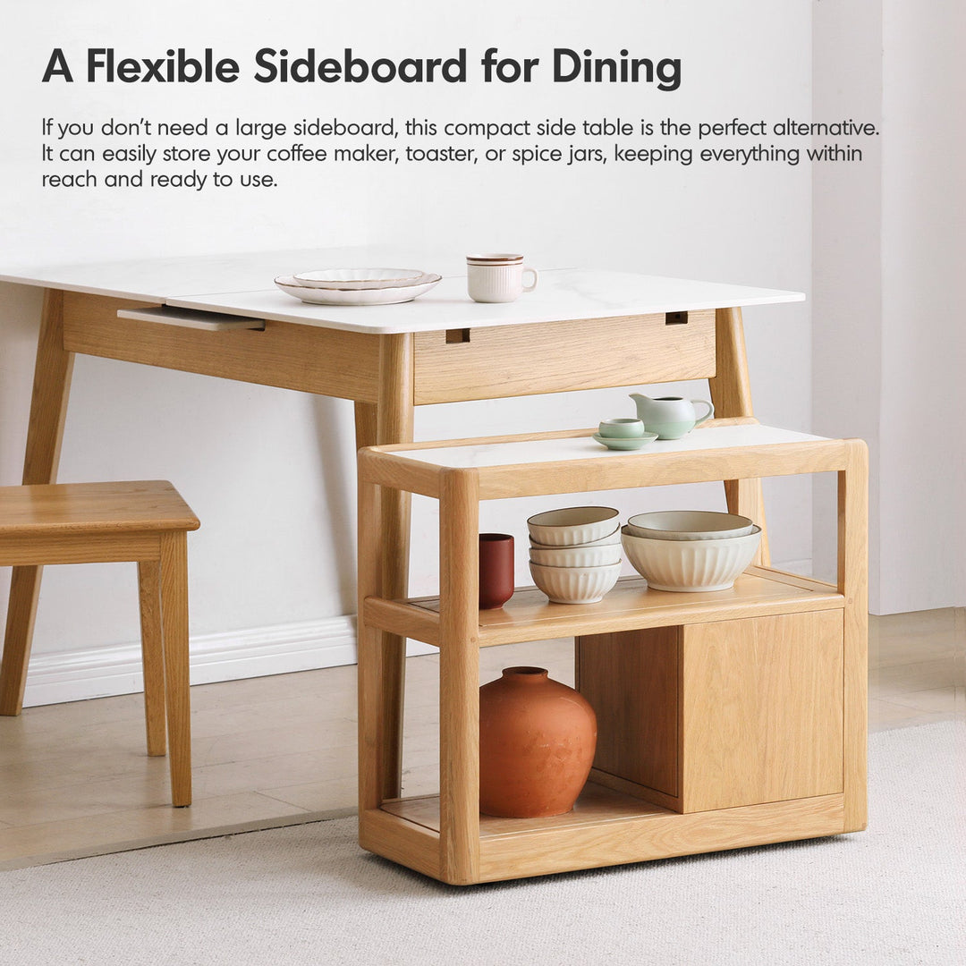 Scandinavian Oak Wood Sintered Stone Wheeled Trolley Side Table LIVA