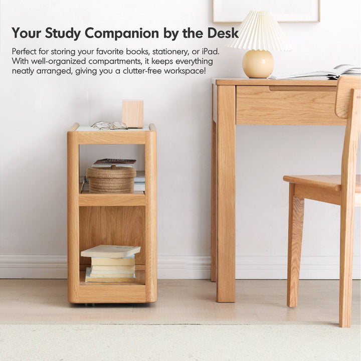 Scandinavian Oak Wood Sintered Stone Wheeled Trolley Side Table LIVA