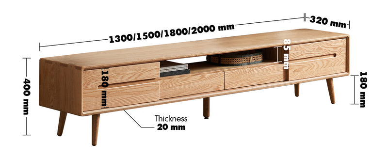 Scandinavian Oak Wood Sliding Door TV Console LINEA Size Chart