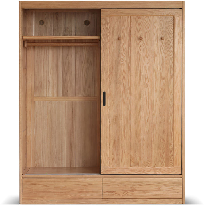 Scandinavian oak wood sliding door wardrobe with drawers align in white background.