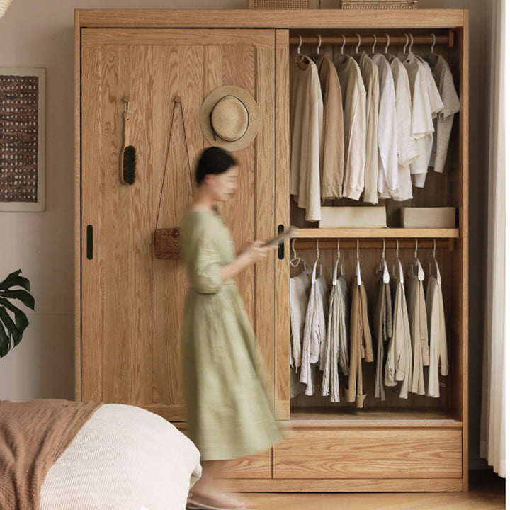 Scandinavian oak wood sliding door wardrobe with drawers align primary product view.