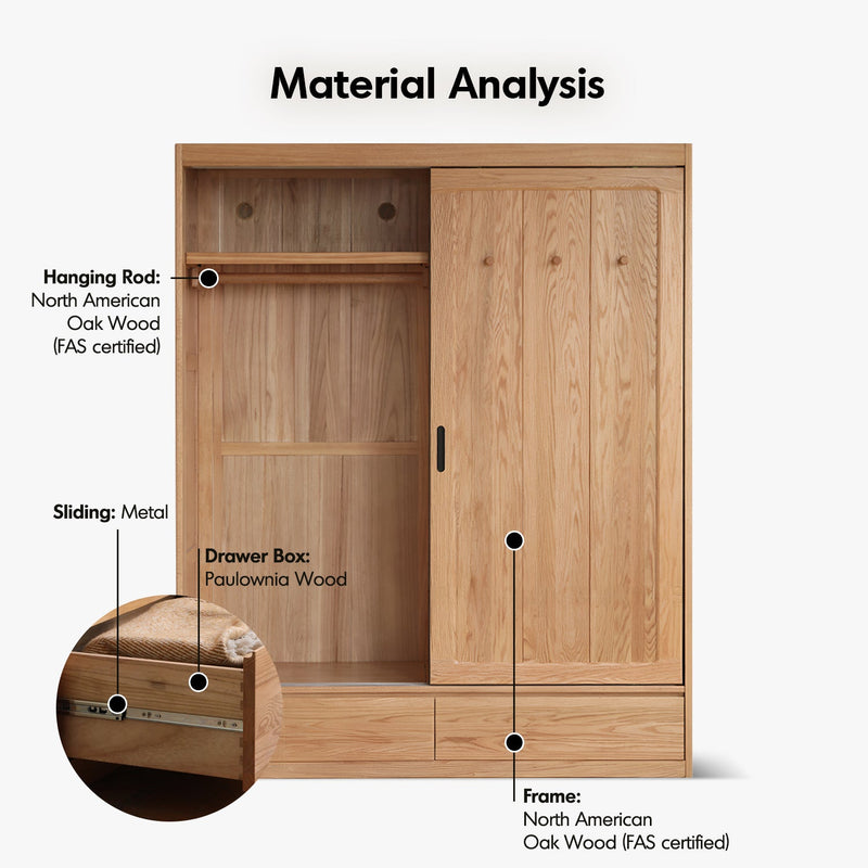 Scandinavian oak wood sliding door wardrobe with drawers align detail 18.