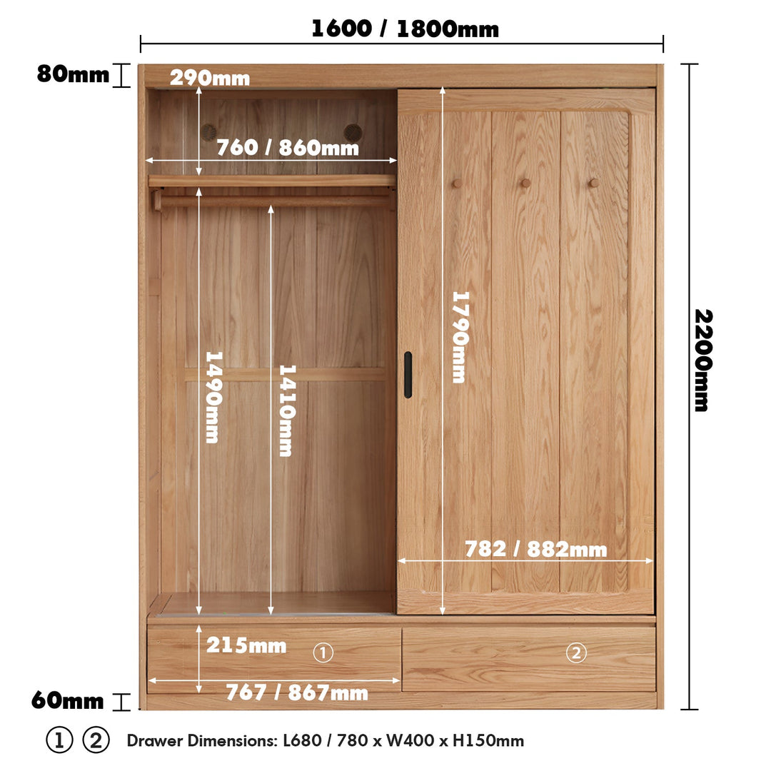 Scandinavian oak wood sliding door wardrobe with drawers align size charts.